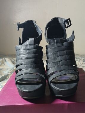 BAMBOO Black Strappy Wedge Sandals